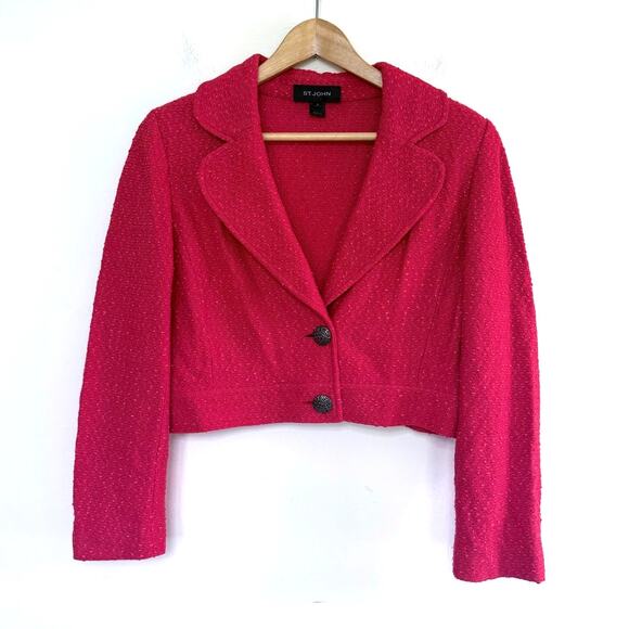 ST. JOHN lipstick red wool blend cropped 2 button boucle textured blazer jacket - Picture 1 of 9